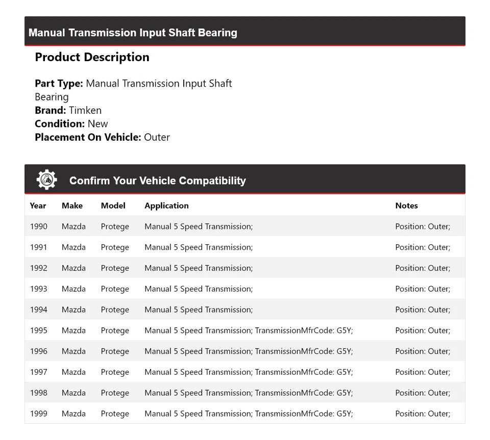 For 1990-1999 Mazda Protege Manual Transmission Input Shaft Bearing Outer Timken - Image 2 of 4