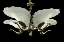FRENCH ART DECO SLIP SHADE GLASS BRASS PEACOCK BIRD LIGHT FIXTURE CHANDELIER VTG