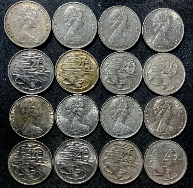 Old Australia Coin Lot - 1966-1982 - 20 CENTS - 16 GREAT Coins - Lot #U10