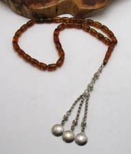 Vintage Tasbih Misbaha Baltic Amber Prayer Beads w/Ottoman Kurush Coin Symbols