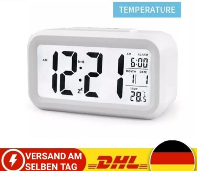 Digital LED Alarmwecker Uhr Kalender Beleuchtet Alarm 12&24 Anzeige Weiß NEU*