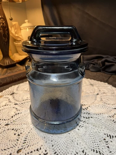 Vintage LE Smith Blue Glass Milk Can Lidded Storage Jar Canister 9.5'' Tall