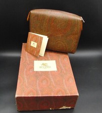 Borsa cosmetica Etro vintage in pelle paisley marrone con cerniera e scatola ed etichetta