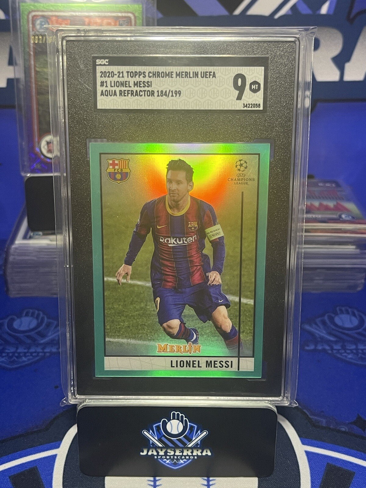 2020 - 21 Topps Chrome Merlin Lionel Messi Aqua /199 SGC 9 Pop 1! Check cert #