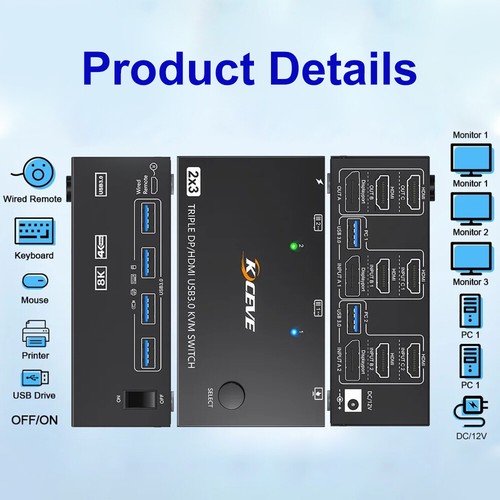 Triple DisplayPort HDMI KVM Switch 8K@60Hz 4 USB 3.0 Port 3 Monitors 2 Computers - Bild 19 von 28