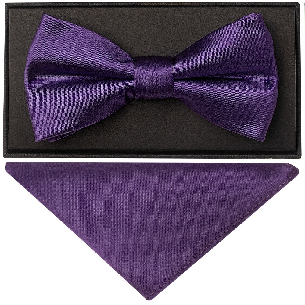 Plain Purple Mens Bow Tie and Pocket Square Set Wedding Formal Dickie Bow Hanky