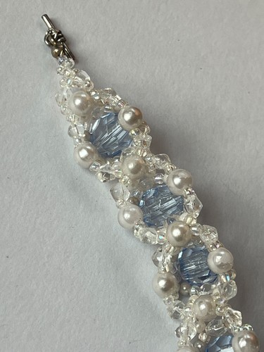 Handmade Faux White Pearl & Light Blue Faceted Beaded Bracelet - 6.5 inches long - Picture 9 of 9
