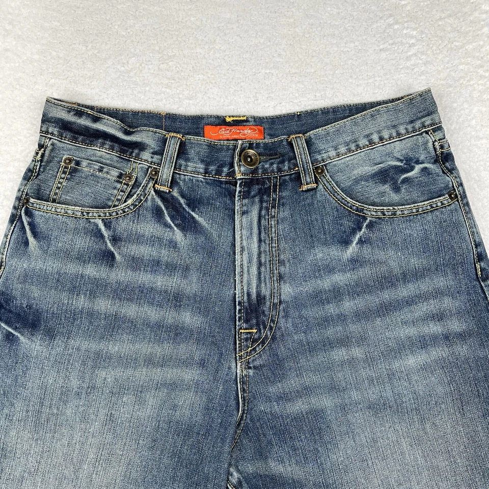 Ed Hardy Shorts Mens 32 Blue Wash Denim Cuffed Y2K Christian Audigier Cotton - Image 3 of 4