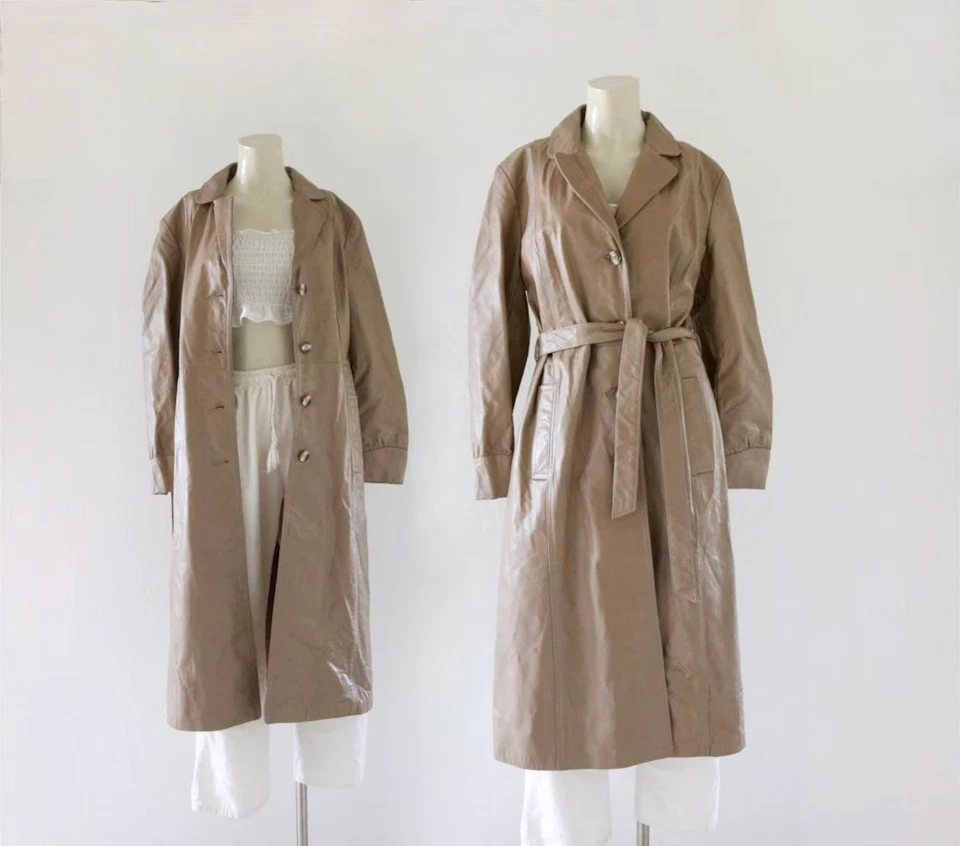 De Colección Años 60 70 Cuero Marrón Cinturón Abrigo Chaqueta Trench Talla S EE. UU. Boho Foto 2 de 4