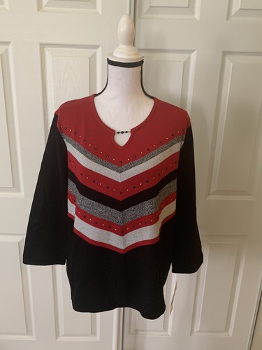 Women’s Top Large Red, Black Embellished Chevron Keyhole Alfred Dunner