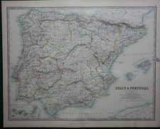 Mappa Vittoriana Grande Del 1887 ~ Spagna E Portogallo ~ Isole Canarie Baleari
