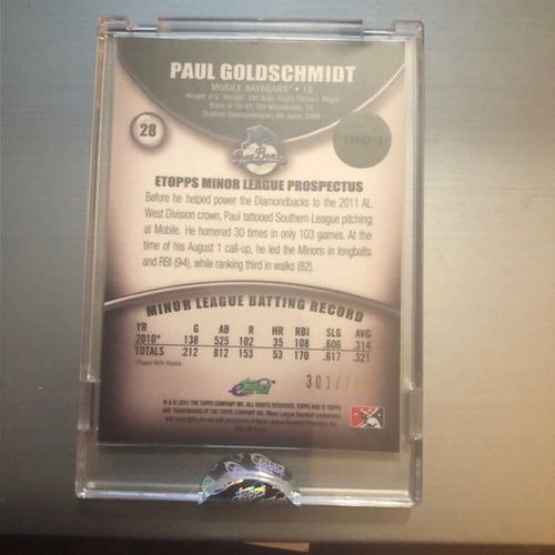 2011 eTopps Minor League Paul Goldschmidt RC #28 Individually No. 301/749 Only - Picture 2 of 3