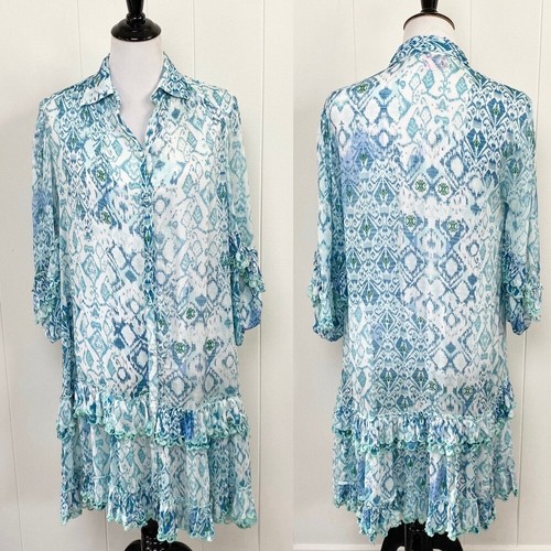 Miss June Paris Kleid blau grün weiß Ikat Print Langarm bestickt Rüschen