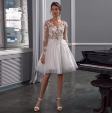 Short Wedding Dress Custom Bridal Gown See Through 3D Flowers Glitter Tulle