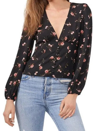 NWT 1. State Floral Print Long Sleeve Deep V-Neck Button Front Blouse Size 6