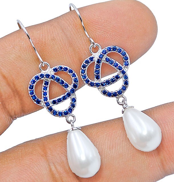2CT Freshwater Pearl and Sapphire 925 Sterling Silver Earrings Y2-1 for Women