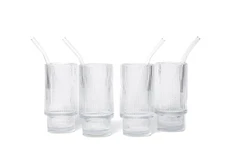 Premium Ribbed Drinking Glass Cups with glass Straws, Stackable 4 PACK, 11 OZ