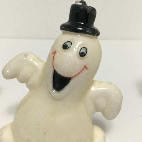 Vintage Halloween Geist Kerzen 4 1/2" unverbrannt Happy White Ghost Zylinder Hut Lächeln - Bild 4 von 6
