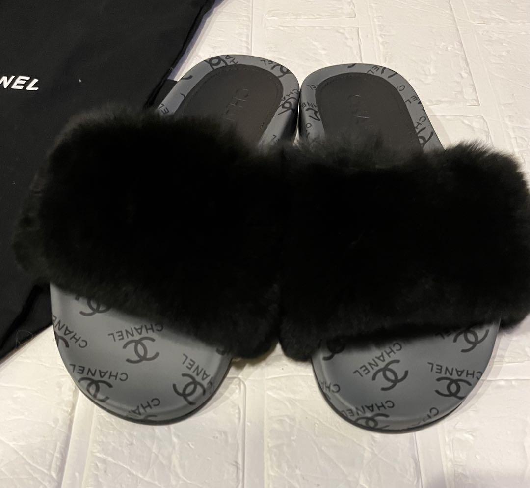 chanel fur sliders