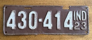 EARLY 1923 Indiana License Plate Automobile Registration Tag Patina