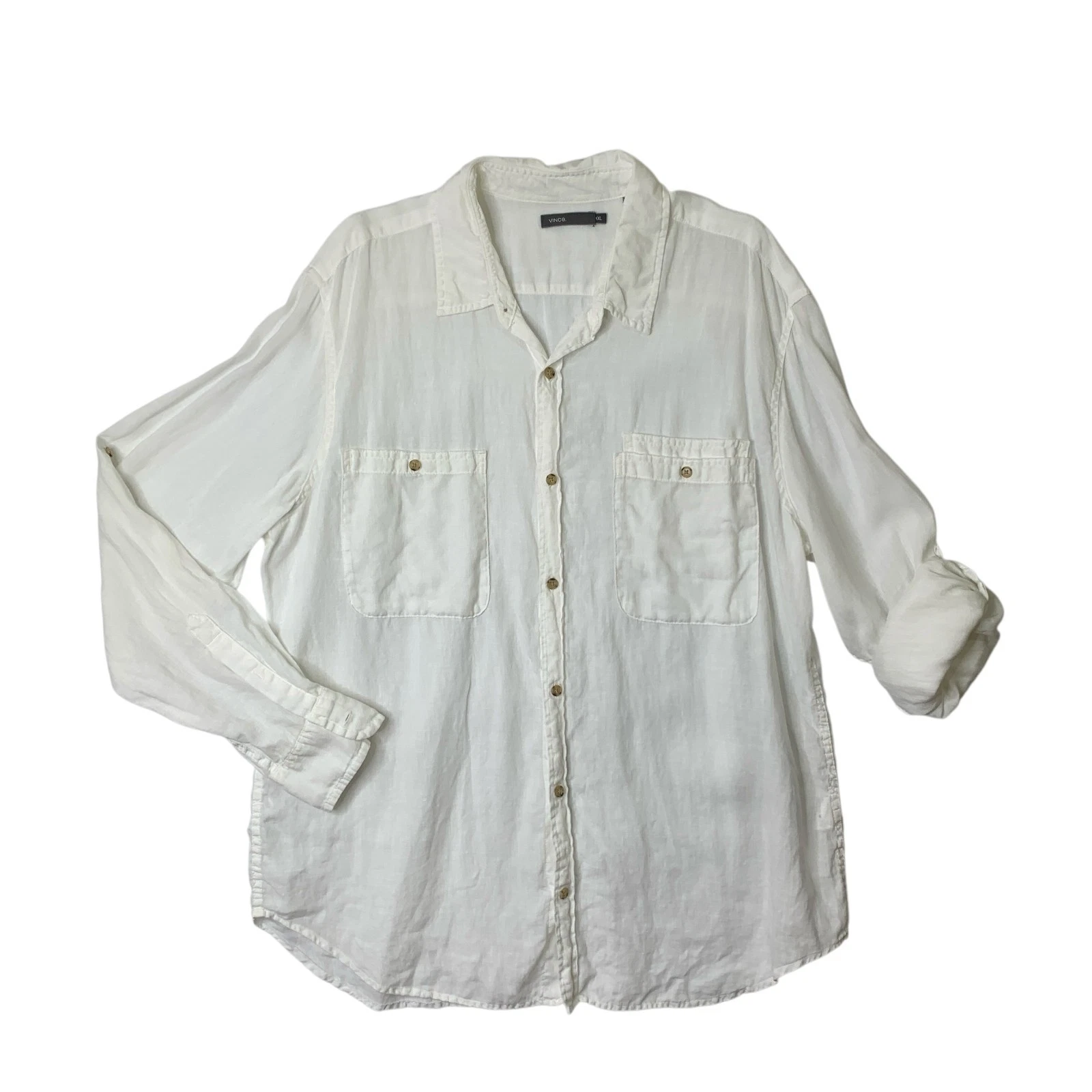 Vince Shirt Mens 2XL White Linen Long Tab Sleeve Button Up Pockets Lightweight