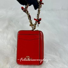 Coach Zip Card Case With Bows Crinkle Leather/Gold/Bright Cherry CEC13 NWT