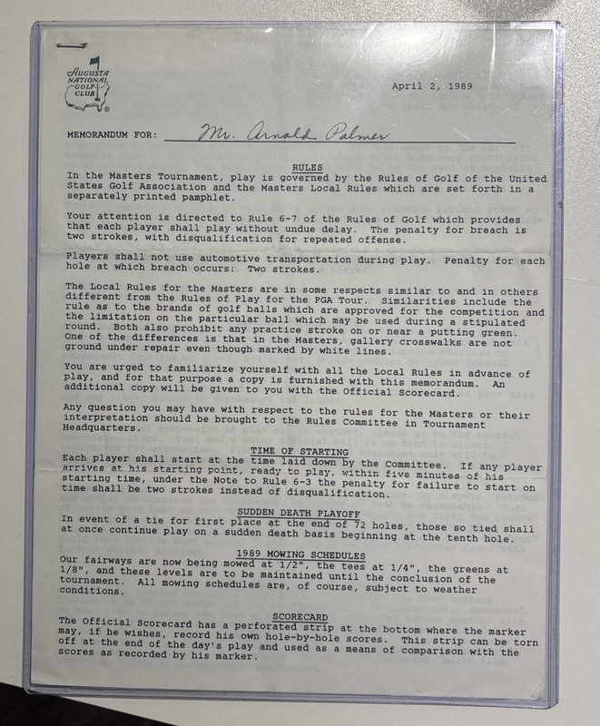 1989 Arnold Palmer Masters Tournament Rules Letter Augusta Signed Hord Hardin