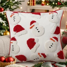 Christmas Pillow Covers 18x18 Inch Tufted Red Snowmen Santa Hat Decorative Wi...