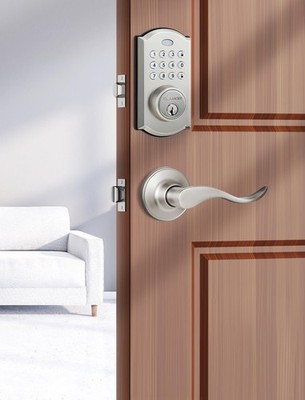 ELAMOR M19 KEYLESS ENTRY DOOR LOCK WITH 2 LEVER HANDLES KEYHOLE - SAND NICKEL