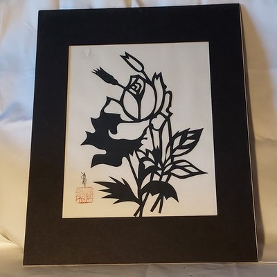 Black Rose Paper Cutting Chinese Artwork Matted 11x14 Signed VTG Hou-tien Cheng
