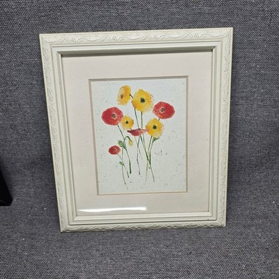 Famed Watercolor Poppy Floral Art   Shabby Chic Ornate White Frame   15'' x 18''