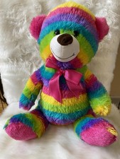 Rainbow Striped Plush Teddy Bear with Pink Bow