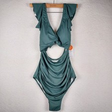 Charmo Small Green One Piece Swimsuit Ribbed Cutout Ruffle Shoulder UPF 50 NWT