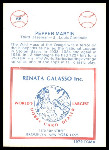 1977-84 Galasso Glossy Greats #66 Pepper Martin St. Louis Cardinals - Picture 2 of 2