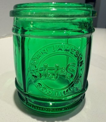 Vintage John Jameson Son JJS Green Glass Barrel Shot Glass Whiskey Keg 1oz