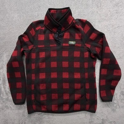 L.L. Bean Red Buffalo Plaid Fleece Pullover Womens S Snap Mock Neck Cozy Sweater