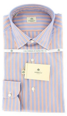 Luigi Borrelli Hellblau Und Orange Gestreiftes Hemd - Slim Fit - 15,75/40