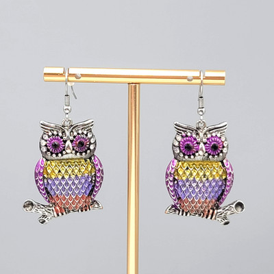 Purple Multicolor Enamel Owl Pierced Earrings Silver tone Dangle Bird 1.5''