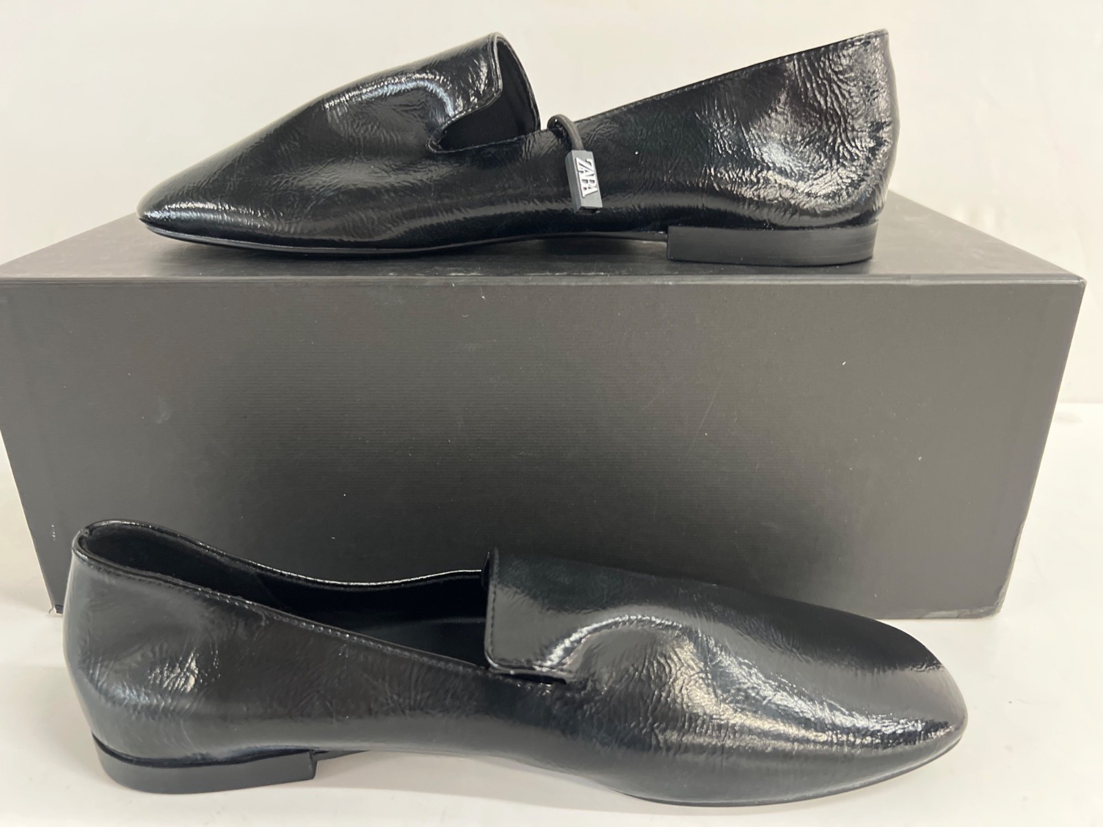 Women's ZARA Patent Black Loafer Flats Sz 8 (New w/ Tags)