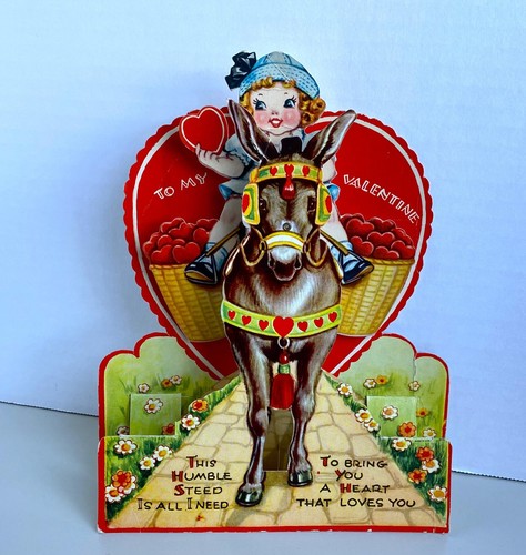 Valentine stand up pop out die cut card Girl on Donkey