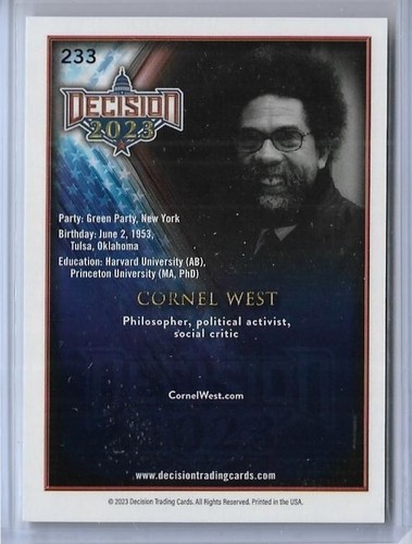 AWESOME 2023 DECISION UPDATE ~ CORNEL WEST CARD #233 ~ HARVARD / PRINCETON GRAD - Picture 2 of 2