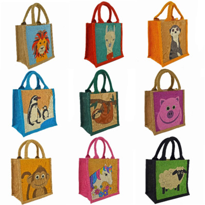 JUTE / LEINWAND-LUNCHTASCHE / MINI-SHOPPER / TOTE.NEU.9 DESIGNS. LLAMA, FAULTIER, LÖWE USW.