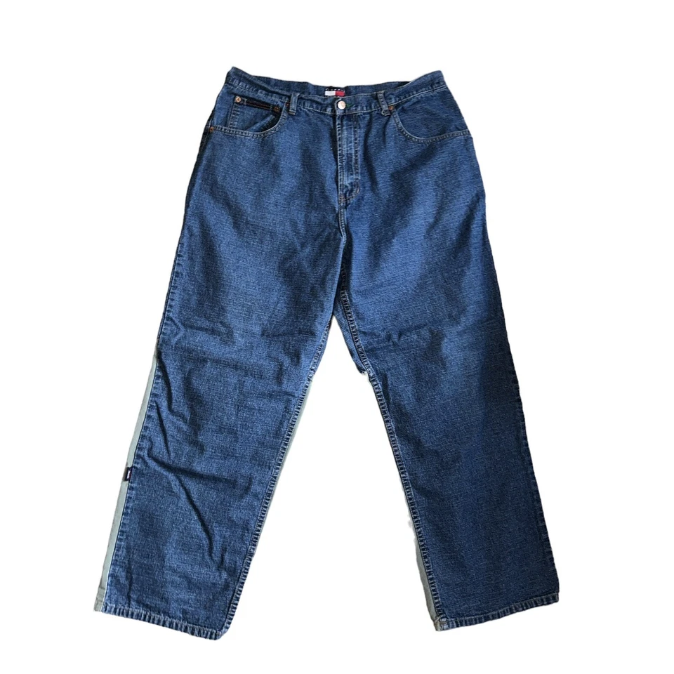 Jeans vintage 1999 Tommy Hilfiger cor bloqueada 38x30 cintura alta relaxado pai jeans - Imagem 3 de 4
