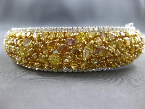 GIA LARGE 17.85CT WHITE & MULTI COLOR DIAMOND 18KT 2 TONE GOLD BANGLE BRACELET - Picture 6 of 10