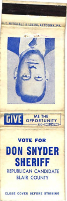 Vote For Don Snyder Sheriff Candidate Blair County Vintage Matchbook Cover
