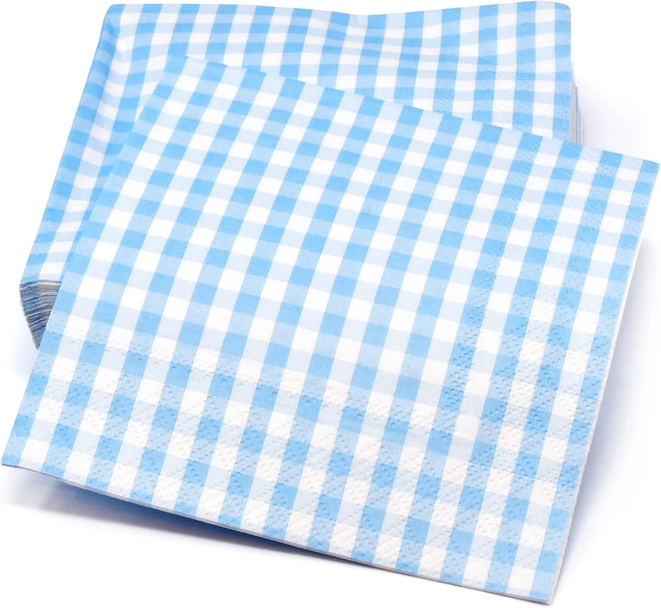 100 servilletas de cóctel de guinga azul y blanco papel desechables a cuadros Din Foto 4 de 4