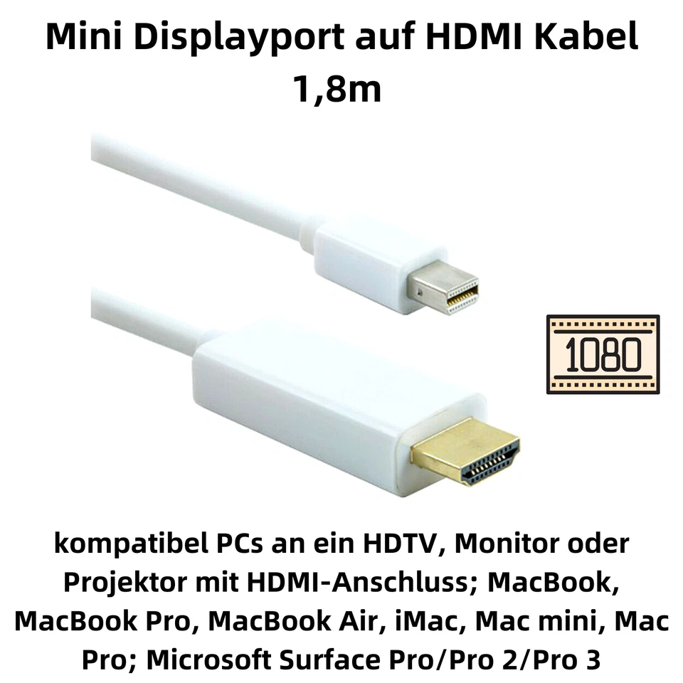 J10 Mini DisplayPort auf HDMI Kabel 1,8m Mini DP zu HDMI, Full HD, Digital Audio - Bild 2 von 4