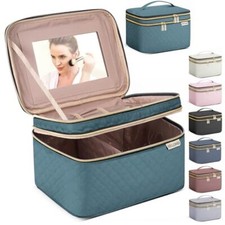 Large Makeup Bag with Mirror Double Layer Travel Make Up Organizer Case, Large