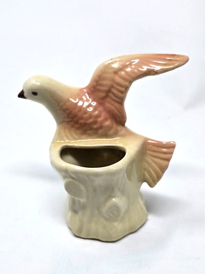 Vintage Art Pottery Bird On Tree Trunk Planter 4'' Very Small nick