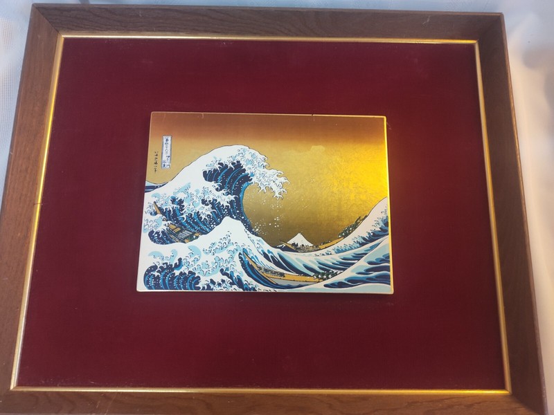 A Great Wave Off Nakagaw Exquisite Hand Painted GOLD LEAF on Red Velvet Backing 